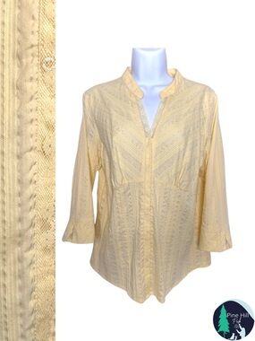 Peasant Blouse Top Butter Yellow Pintuck Lace Inset 3/4 Sleeve Boho Womens Large